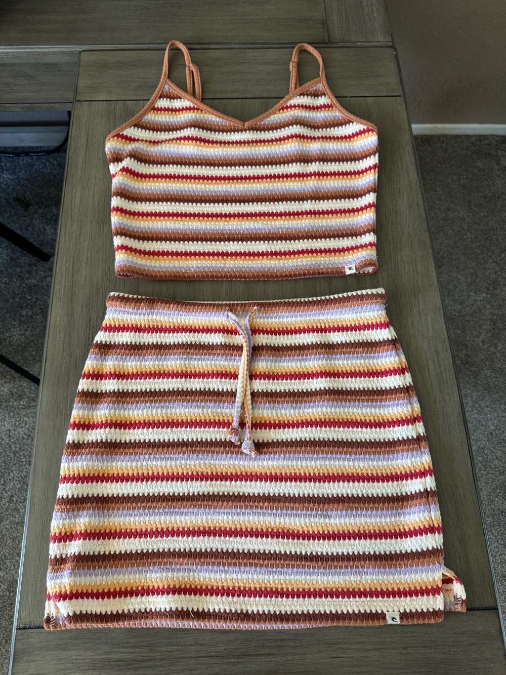 Rip Curl Striped Crochet Two-Piece Tank & Skirt Set in Rust, Cream, Yellow